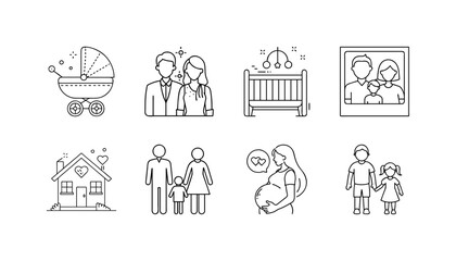 Family, parenting and childcare line icon set - Set of thin line icons depicting family life, including parents, children, baby stroller, crib, pregnancy, home, and family portrait. 
