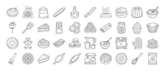 Baking and pastry cooking line icon set - Collection of thin line icons showing baking ingredients, cakes, bread, pastries, utensils, desserts, cookies, donuts, pies, and kitchen tools.
