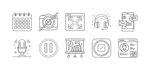 Digital media and content creation line icon set - Set of thin line icons representing media production, podcasting, music, video, analytics, online profiles, content sharing, and creative tools. 
