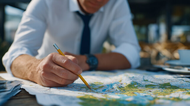 Decision-making scene: man with pencil examining cadastral map, selecting ideal lot for construction, soft sunlight emphasizing map lines and property markers