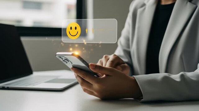 Woman giving five-star customer review on phone, glowing smile rating concept in modern office