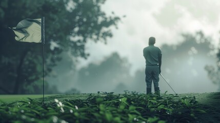 Golfer prepares shot foggy golf course