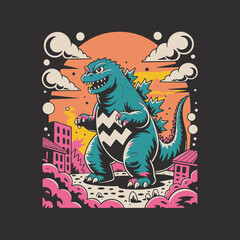 Retro kaiju monster roaming cityscape with fiery sunset clouds and jagged scales vector