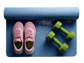 Workout essentials on a yoga mat.  Pink sneakers, green dumbbells,  laid flat