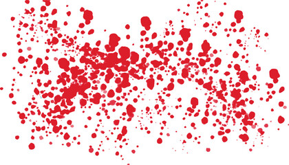 Vibrant red paint splatters and drops create an abstract, energetic pattern on a clean white background.