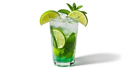 Mojito cocktail with mint and lime slices, crushed ice, isolated on white background
