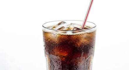 Glass of cola with ice and straw, isolated on white background