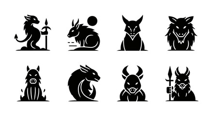 Vectorized Collection of Mythical Creatures, Emblems, and Beast Icons for Fantasy Designs and Silhouette Art Projects 