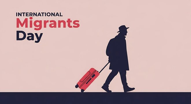 International migrants day on december 18 with silhouette of a traveler with luggage