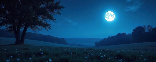 Serene Full Moon Night Landscape Tranquil Night Sky with Soft Moonlight Glow, Ideal for Calendars, Websites, and Peaceful Projects
