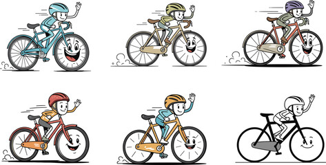 Cartoon cyclists illustration, kids riding bicycles, happy riders with helmets, cute bike characters, funny cycling design, playful sport vector, cartoon drawing