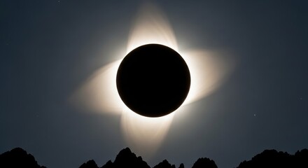 Obraz premium Celestial alignment during a total solar eclipse, where the moon completely obscures the sun, revealing the stunning solar corona over a mountain silhouette