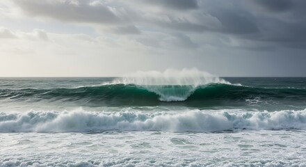 Fototapeta premium Dramatic ocean wave breaking under a cloudy sky showcasing nature's raw power and beauty