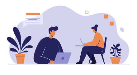 Two individuals collaborating remotely or in a shared office, working on laptops. Ideal for business, technology, online education, and modern workspace concepts.