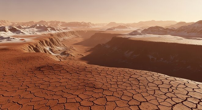Dramatic Martian Landscape Arid Plains, Snowy Peaks, and Canyons - A Cosmic Exploration of Space, Planets, and Distant Worlds