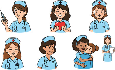 Cartoon nurse characters with stethoscope, medical illustration, healthcare workers, hospital staff, doctor assistant, cute nurse drawing, medical care concept design