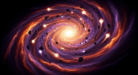 A captivating cosmic vortex illustration, depicting a glowing galaxy spiraling into a central bright core, complete with meteoroids and celestial bodies, within a deep space background