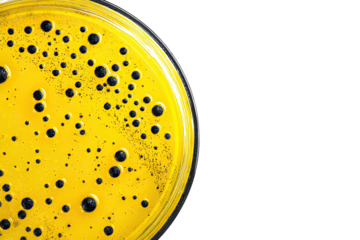 Petri dish with yellow agar and dark colonies.  Dark round colonies are dispersed across a bright yellow agar surface.  Petri dish is circular