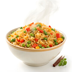 Colorful vegetable fried rice served in a bowl, stir-fried with fresh veggies and spices,
