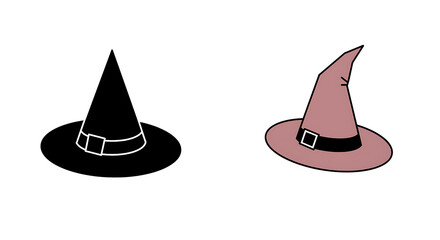 Fototapeta premium Two witch hats, one black and one pink, with buckles, isolated on a white background, perfect for Halloween and magic themes