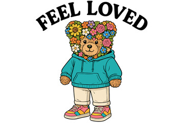 Cute bear character wearing blue hoodie and colorful sneakers with floral design on head promoting positivity and love