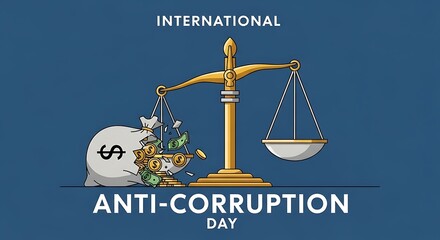 International anticorruption day scales of justice tipped by a bag of money, highlighting illicit gains