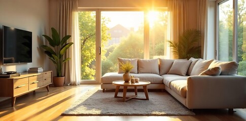 Happy family home, spacious living room, sunlight streaming through large windows, perfect for real estate marketing Ideal for brochures and websites , residential, traditional