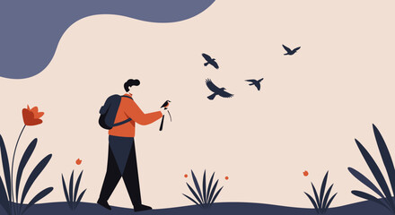 A man with a backpack observes a small bird on a perch in a serene natural landscape, with other birds flying freely. Ideal for themes of nature, travel, freedom, and outdoor hobbies.
