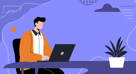 Professional man working remotely on a laptop at a modern office desk with a minimalist plant. Ideal for business, productivity, or digital lifestyle concepts.