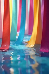 Serene image of multiple colorful ribbons gently cascading and flowing, creating a sense of calm and relaxation  Perfect for spa, wellness, or mindfulness themes , texture, palette