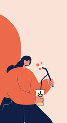 Young woman enjoys a natural, cool beverage, embodying relaxation and healthy living. Perfect for lifestyle, wellness, or summer promotions.