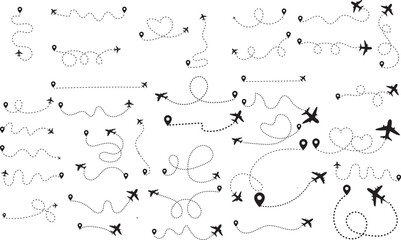 Diverse airplane travel routes and destinations illustrated with dotted lines and location markers