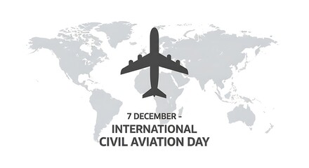International civil aviation day graphic with airplane silhouette and world map, isolated on white background