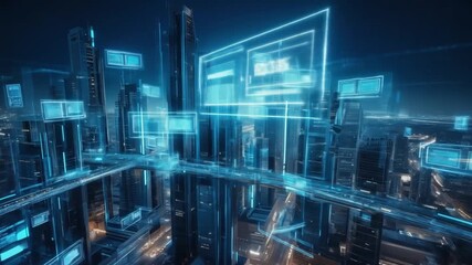 Futuristic cityscape at night with glowing skyscrapers and digital interfaces illuminating the skyline - Powered by Adobe