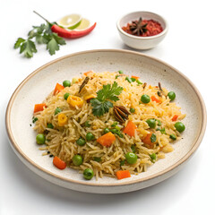 Flavorful vegetable pulao rice with mixed veggies and aromatic spices, served on a ceramic plate,