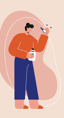 Flat illustration of a man carefully handling a liquid with a dropper and bottle. Ideal for concepts of science, healthcare, cosmetics, or home remedies.