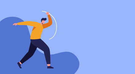 Dynamic illustration of a man swinging an arm, symbolizing action, progress, or launching a new initiative. Ideal for business, success, or activity concepts.