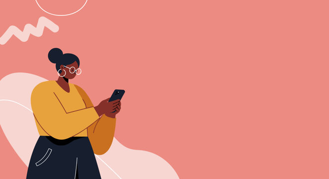 Stylish woman focused on her smartphone, engaging with digital content on a vibrant background. Ideal for technology, communication, or lifestyle concepts.