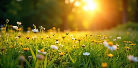 Golden hour sunlight bathes a lush green meadow dotted with wildflowers, creating a vibrant summer landscape Perfect for travel, nature, and seasonal themes , ecology, summer