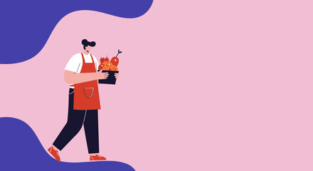 Friendly vendor in an apron carrying a basket of happy fruits, ideal for concepts of fresh produce, healthy eating, market, and local business.