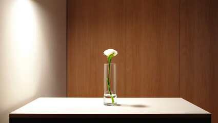 A single white flower in a glass vase on a table with spotlight
