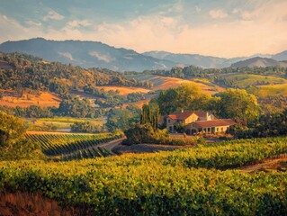 Fototapeta premium Golden hour bathes Tuscan vineyard estate and rolling hills in warm light, evoking serene beauty and luxury travel.