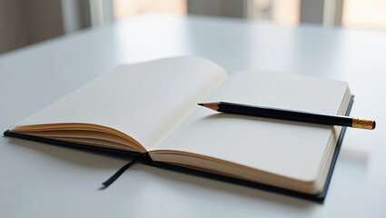 An open notebook with blank pages and a pencil on a white table