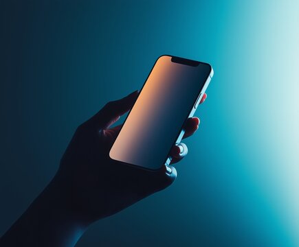 Smartphone en mano con luces ne&oacute;n futuristas, Fotograf&iacute;a minimalista de m&oacute;vil con iluminaci&oacute;n azul, mockup m&oacute;vil cripto tech inversi&oacute;n trade, mockup smartphone minimalista, m&oacute;vil futurista