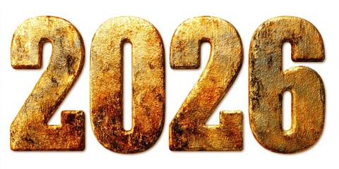 Bold, gold-toned numerals, textured with rust-like patterns, display the year two thousand twenty-six against a plain white background.