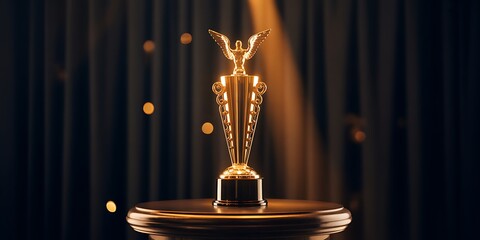 Golden trophy presented on a stage with a spotlight highlighting the symbol of success, achievement, and recognition against a dark background.