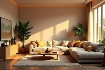 Serene living room bathed in warm, soft lighting Perfect for unwinding after a long day, promoting tranquility and calm Ideal for relaxation and wellbeing themes , fire, twilight, wellbeing