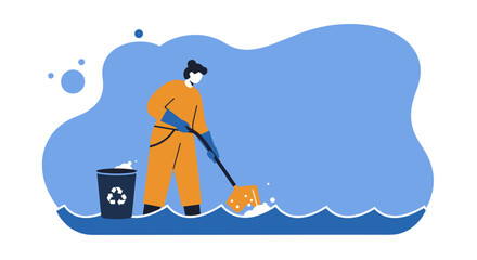 Person in protective gear cleaning a liquid spill with a squeegee, emphasizing environmental cleanup and responsible waste management near a recycling bin. Sustainability concept.