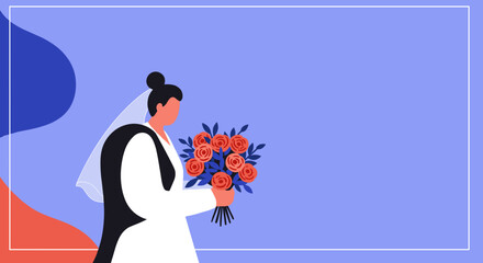 Elegant illustration of a bride in a white dress and veil, holding a vibrant rose bouquet, set against a calm purple background. Ideal for wedding themes, invitations, and romantic celebrations.