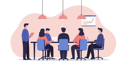 Professional business team meeting in an office, collaborating on strategy and analyzing market growth. Ideal for corporate and success themes.